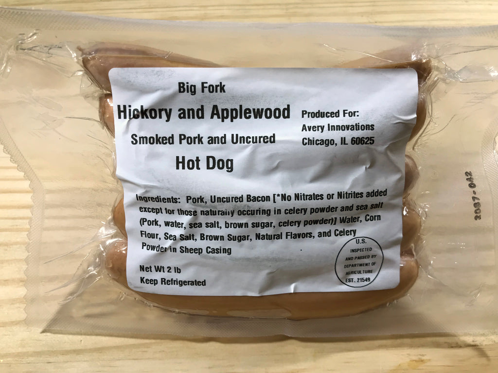 Big Fork Brands Bacon Hot Dogs in package, uncured & smoked