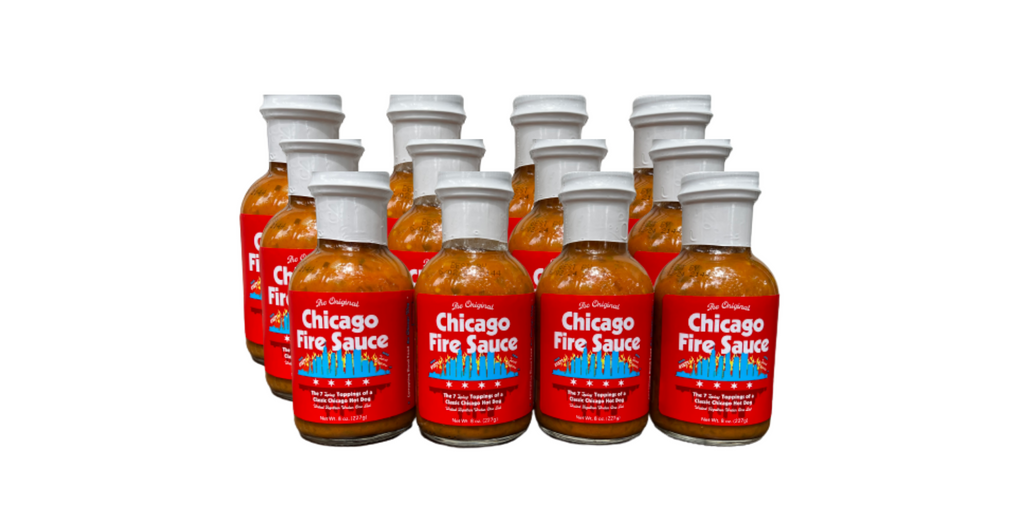 12 bottles of Chicago Style Hot Sauce displayed with white background