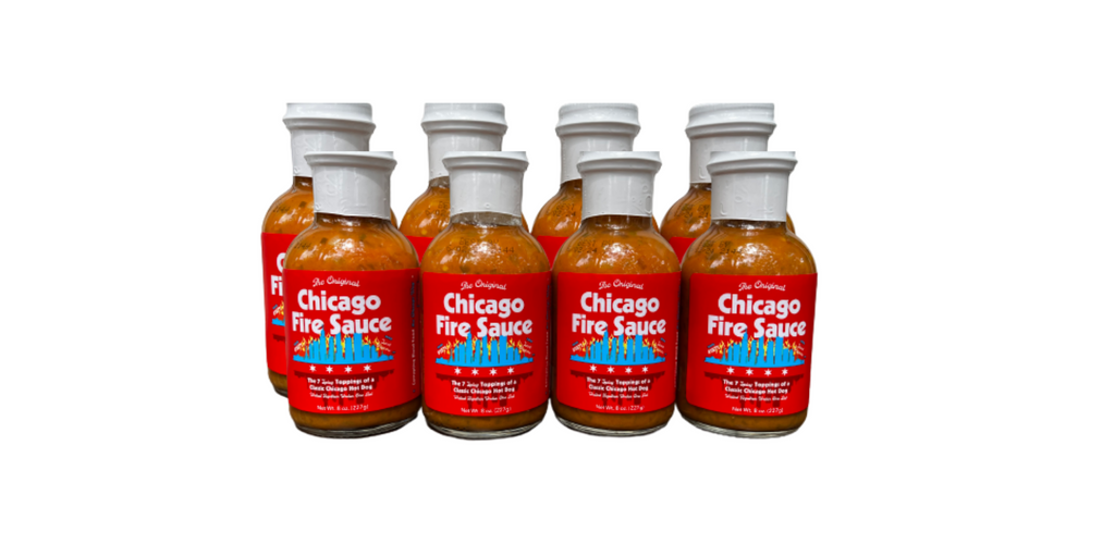 8 bottles of Chicago Style Hot Sauce displayed with white background