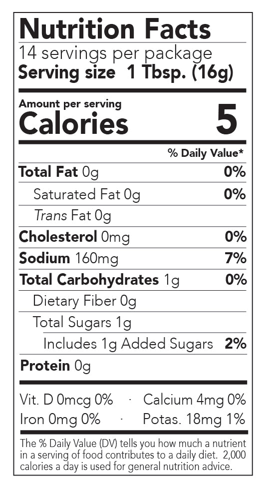 Chicago Hot Sauce nutrition facts label for Chicago Fire Sauce